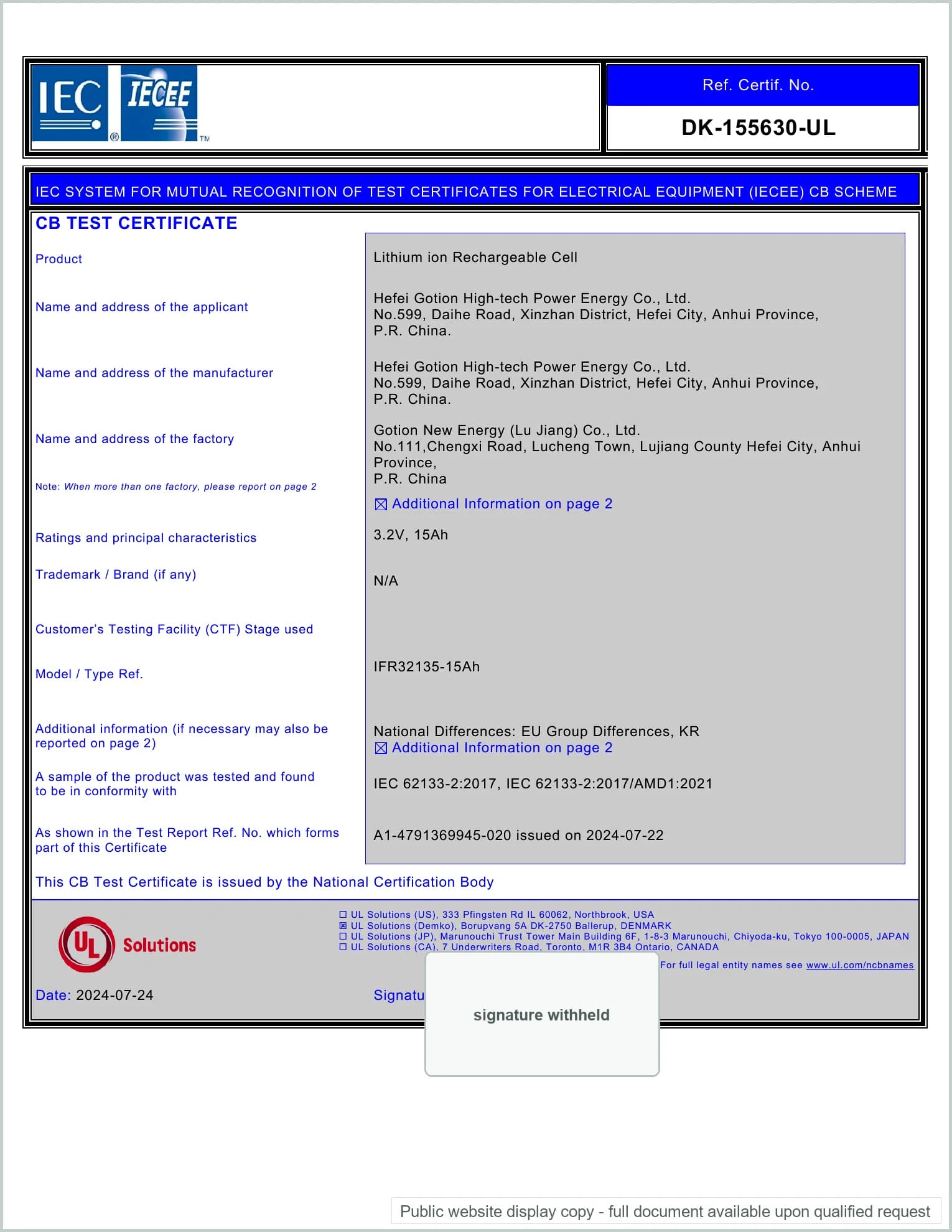 Lithium Cell IFR32135 · 3.2V 15Ah — IECEE CB certificate — IEC 62133-2
