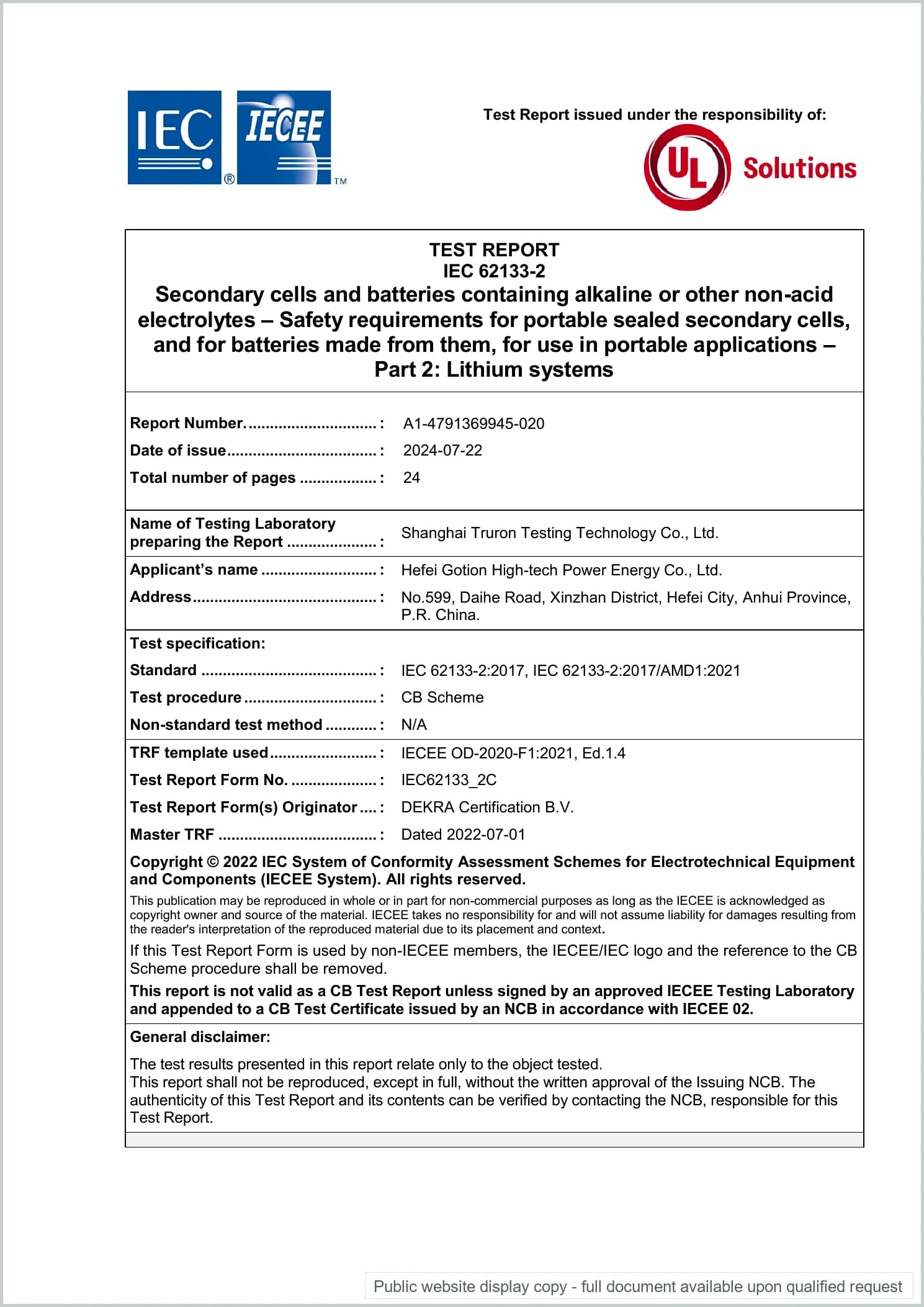 Lithium Cell IFR32135 — IEC 62133 test report