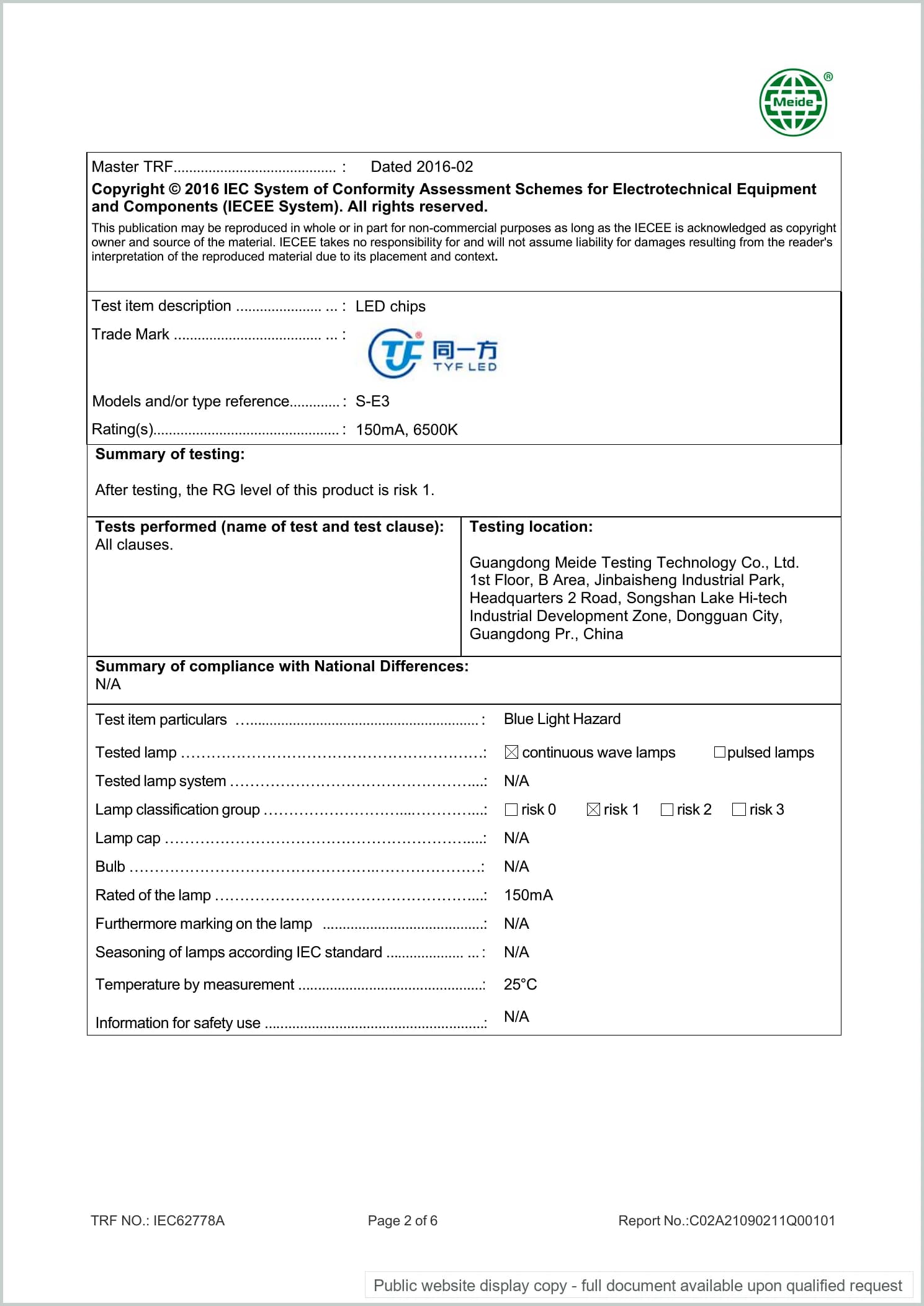 LED Chip — Blue-light safety — IEC TR 62778 (RG1)